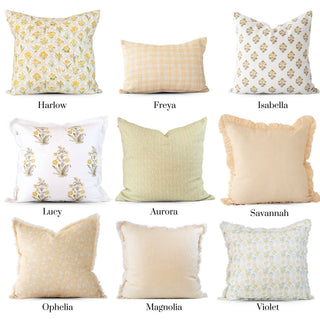 Lucy Hand Painted Block Print Floral Pillow Cover - Gold