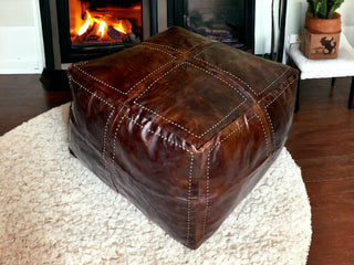 Brown handcrafted Square Leather Pouf:  made in Morocco