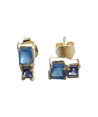 24K gold vermeil earring studs w/ moonstone & pearl square semi-precious stones