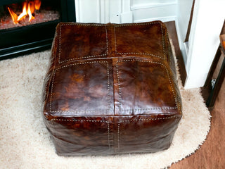 Brown handcrafted Square Leather Pouf:  made in Morocco