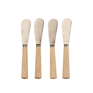 Maple Wood Cheese Spreaders set of 4, Tumbled Stainless