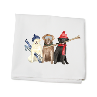 Three labs skiing flour sack towel