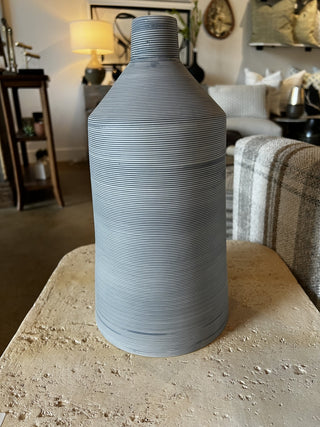 Tall Grey-Blue Vase with Unique Stripped Texture