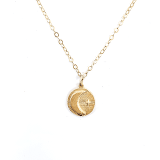 Luna Moon and Star Small Round Charm Disc Goldfill Necklace