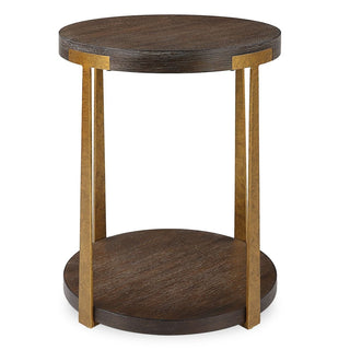 Round Wood Side Table finished in a rich coffee finish with antique gold accents.