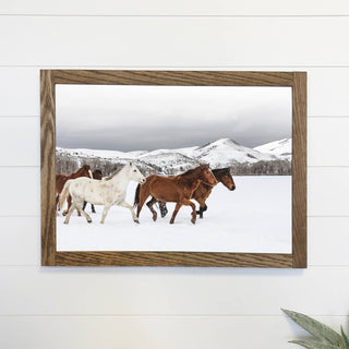Horses in Snow Profile Canvas Wood Framed Wall Art Print